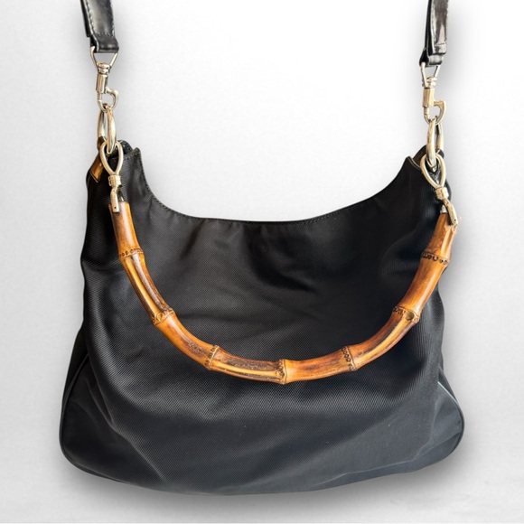 GUCCI Bamboo Black Nylon Leather Shoulder Bag Vintage EUC Authentic + COA 15x13 - Picture 1 of 17
